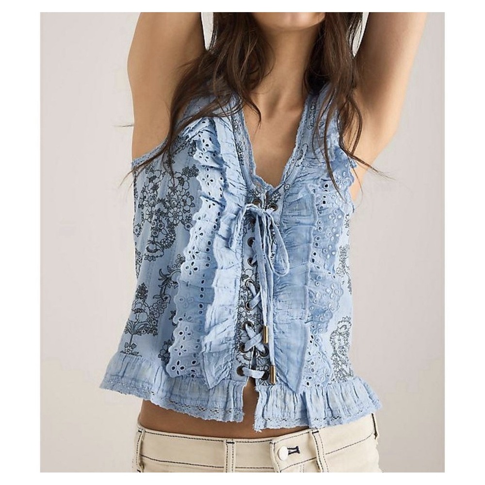 ANTHROPOLOGIE Pilcro Eyelet Ruffle Tank Blue Floral Cottagecore Fairycore XXS